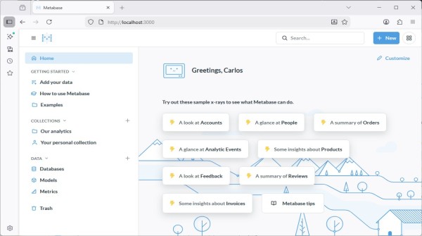 Pantalla de bienvenida Welcome to Metabase con el botón Let's get started