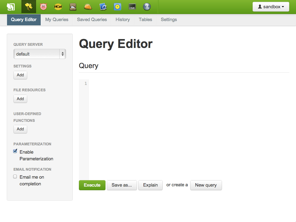 Editor de consultas SQL de Apache Hive