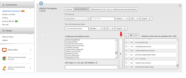 Añadir palabras clave en SEMrush
